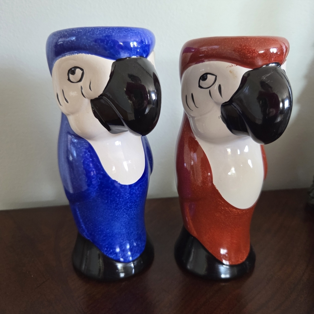 Pair Of Colorful Vintage Ceramic Parrot Tiki Mugs Blue And Red Tropical
